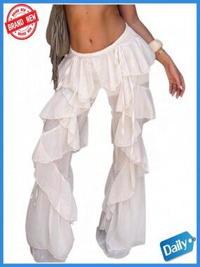 Women Boho Ruffle Mesh Flare Pants Sheer Beach Cover Up Going Out Festival Rave